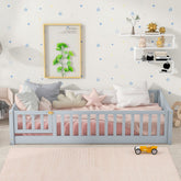 Twin Size Floor Bed with Fence and Door,Rubber Wood Floor Bed with Safety Guardrails,Grey