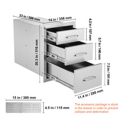 Outdoor Kitchen Drawers 14" W x 20.3" H x 23" D, Flush Mount Triple Access BBQ Drawers Stainless Steel with Handle, BBQ Island Drawers for Outdoor Kitchens or Patio Grill Station