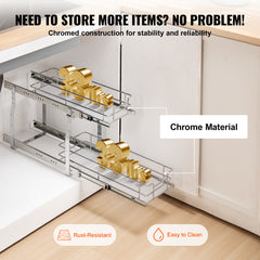 2-Tier 8.5"Wx21"Dx15"H Wire Pull Out Cabinet Under Sink Organizer Drawer Basket, 10"Wx22"Dx18"H Install Size for Cabinet
