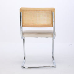 Mid Century Modern Dining Chairs Set of 2, Velvet Accent Chairs with Natural Cane Back & Stainless Chrome Base, Famous Breuer Designed Chairs, Upholstered Rattan Kitchen Chairs,Beige
