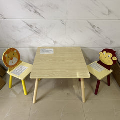 Kids Table and 2 Chairs Set, 3 Pieces Toddler Table and Chair Set, Wooden Activity Play Table Set (Lion&Monkey)