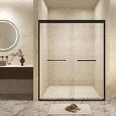 44-48" W × 72" H Tempered Glass with Explosion Proof Film, Aluminum Frame Double Sliding Shower Door, "1/4 (6 mm), Stainless Steel handle, Matte Black