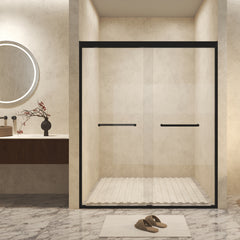 44-48" W × 72" H Tempered Glass with Explosion Proof Film, Aluminum Frame Double Sliding Shower Door, "1/4 (6 mm), Stainless Steel handle, Matte Black