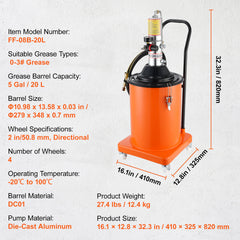 Grease Pump, 5 Gallon 20L, Air Operated Grease Pump with 13 ft High Pressure Hose and Grease Gun, Pneumatic Grease Bucket Pump with Wheels, Portable Lubrication Grease Pump 50:1 Pressure Ratio