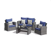 4-Piece Wicker Patio Conversation Set with Glass Table and Blue Cushions