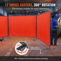 Welding Screen with Frame, 6' x 8' 3 Panel Welding Curtain Screens, Flame-Resistant Vinyl Welding Protection Screen on 12 Swivel Wheels (6 Lockable), Moveable & Professional for Workshop, Red