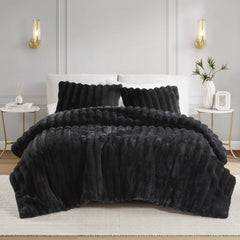 3 PCS King Ultrasoft Faux Fur Ribbed Comforter Set Black