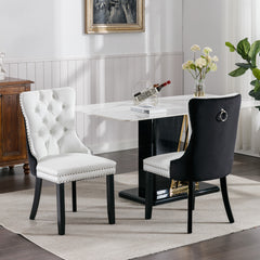 A&A Furniture,Nikki Collection Modern,High-end Tufted Solid Wood Contemporary PU and Velvet Upholstered Dining Chair with Wood Legs Nailhead Trim 2 Pcs Set,White+Black, SW2101WB