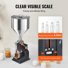 Manual Paste Liquid Filling Machine, 5-50ml Bottle Filler, Adjustable Bottle Filling Machine, Stainless Steel Liquid Filler with Hopper for Milk Water Juice Essential Oil Shampoo Cosmetic Honey
