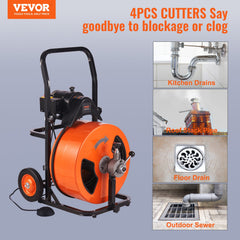 Drain Cleaning Machine 100FT x 3/4 Inch, Sewer Snake Machine Auto Feed, Drain Auger Cleaner with 4 Cutter & Air-Activated Foot Switch for 1" to 4" Pipes
