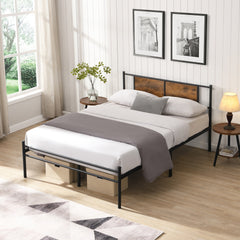 King Size metal bedframe,Headboard with wood panel decoration,black