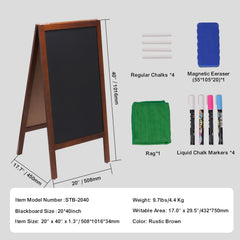 A Frame Chalkboard Sign, Double-Sided Sidewalk Signs, Freestanding Vintage Wooden Chalk Board with Chalks & Magnetic Eraser, Rustic Brown Outdoor Sandwich Board, 20"x40", Kitchen Home Wedding