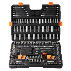 Mechanics Tool Set and Socket Set, 1/4" 3/8" 1/2" Drive Deep and Standard Sockets, 205 Pcs SAE and Metric Mechanic Tool Kit with Bits, Combination Wrench, Hex Wrenches, Accessories, Storage Case