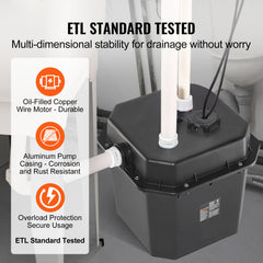 Utility Sink Pump, 1/3 HP, 120-Volt, 2900 GPH Flow, 25 ft Head, Under-Sink Sump Pump System with 6 Gallon Basin, Automatic Utility/Laundry Sink Pump, Drain Pump with 1-1/2" NPT Outlet, Black