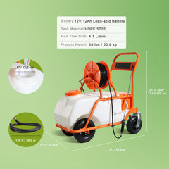 Battery Powered Lawn Sprayer on Wheel, 0-90 PSI Adjustable Pressure, 15 Gallon Tank, Cart Sprayer with 8 Nozzles and 2 Wands, 12V 12Ah Battery, Wide Mouth Lid for Weeding, Spraying