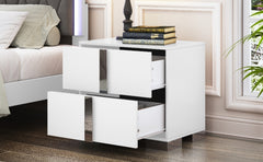 Elegant Nightstand with Metal Foot, Mirrored Bedside Table with 2 Drawers for Bedroom, Living Room, White