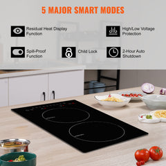 Electric Cooktop, 2 Burners, 12'' Induction Stove Top, Built-in Magnetic Cooktop 1800W, 9 Heating Level Multifunctional Burner, LED Touch Screen w/ Child Lock & Over-Temperature Protection