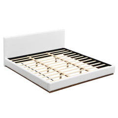 Elegant White Fabric Upholstered Bed With Nice Wood Grain Textured Solid Wood Base Frame,White,King