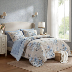 7-Piece Queen 7 Piece Vintage-inspired Collection floral print,Beige/Blue