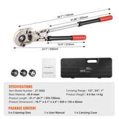 Copper Press Tool Tube Fittings Crimping Kit, Pro Press Crimper with 1/2", 3/4", 1" Quick Change Jaws, 360° Rotatable Crimp Tool & Locking Pin, Extendable Handle, Meet ASTM B88 and B75 Standard