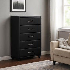 5 Drawer Leatherette Wooden Frame Chest with Tapered legs, Black