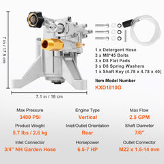 Pressure Washer Pump, 7/8" Shaft Vertical, 3400 PSI, 2.5 GPM, Replacement Power Washer Pumps Kit, Parts Washer Pump, Compatible with Honda, Simpson, RYOBI, Briggs & Stratton, Subaru, Craftsman