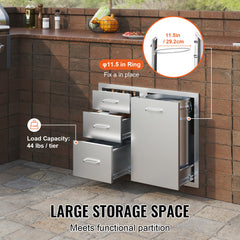 Outdoor Kitchen Door Drawer Combo 29.5" W x 22.6" H x 21.7''D, Access Door/Triple Drawers with Propane Drawer and Adjustable Garbage Ring, Perfect for BBQ Island Patio Grill Station