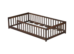 Twin Size Floor Bed with Fence without Door, Rubber Wood Floor Bed with Safety Guardrails,Espresso