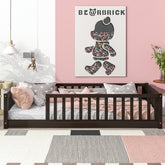 Twin Size Floor Bed with Fence without Door, Rubber Wood Floor Bed with Safety Guardrails,Espresso