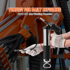 Air Operated Grease Gun, 6000PSI, 14 OZ/400 CC Capacity Heavy Duty Pneumatic Grease Gun, with 18.5 Inch Flexible Hose, 1 Black Flat Coupler Pointed Coupler Bent Metal Pipe Locking Clamp Coupler