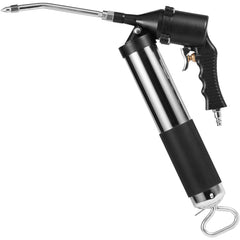 Air Operated Grease Gun, 6000PSI, 14 OZ/400 CC Capacity Heavy Duty Pneumatic Grease Gun, with 18.5 Inch Flexible Hose, 1 Black Flat Coupler Pointed Coupler Bent Metal Pipe Locking Clamp Coupler