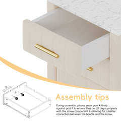 Upholstered Wooden Nightstand with 3 Drawers and Metal Legs&Handles, Bedside Table with Marbling Stickers Worktop - Beige