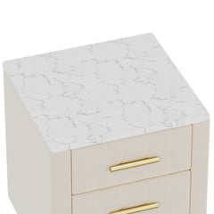 Upholstered Wooden Nightstand with 3 Drawers and Metal Legs&Handles, Bedside Table with Marbling Stickers Worktop - Beige