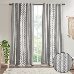 Cotton Printed Curtain Panel with Chenille Stripe and Lining Gray 50x84"