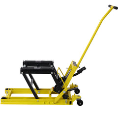 Hydraulic Motorcycle Lift Jack, 1500 LBS Capacity ATV Scissor Lift Jack, Portable Motorcycle Lift Table with 4 Wheels, Hydraulic Foot-Operated Hoist Stand with tie down yellow