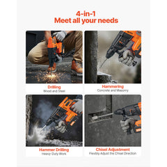 20V SDS-Plus Brushless Cordless Rotary Hammer Drill Kit 1 In 1200RPM 4 Functions