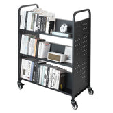 3-Tier Rolling Book Cart Double Sided W-Shaped Shelves Book Truck in Black