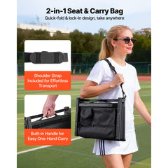 Stadium Seat, Folding Bleacher Seat with Back Support and Thick Cushion, Padded Stadium Seats for Bleacher Includes Shoulder Strap, Hooks, Cup Holder, and Side Pocket, Black Bleachers Chair