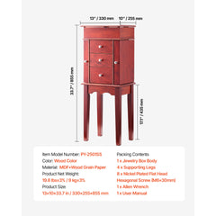 Jewelry Cabinet Armoire Standing Jewelry Storage Chest with 3 Drawers & Mirror