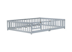 Queen Size Floor Bed with Fence,Door,Rubber Wood Floor Bed with Safety Guardrails,Grey