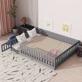 Queen Size Floor Bed with Fence,Door,Rubber Wood Floor Bed with Safety Guardrails,Grey