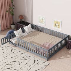 Queen Size Floor Bed with Fence,Door,Rubber Wood Floor Bed with Safety Guardrails,Grey