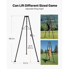 Tripod Deer Hoist, 500 lbs Load Capacity, Hunting Game Hoist Winch Lift with Gambrel & Manual Winch, Hunting Game Skinning and Cleaning Accessory for Cleaning, Skinning, and Moving, Black