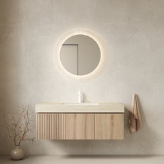 MURI 48" Bathroom Vanity&Sink, Floating Plywood Storage Cabinet with Drawer&Doors, Roma Travertine Sintered Stone Top&Ceramic Basin with 1 Pre-drilled Faucet Hole, Pre-assembled, White Oak Woodgrain