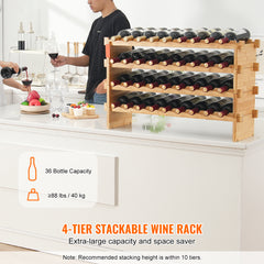 36 Bottle Stackable Modular Wine Rack Bamboo Wood Display Shelf 4-Tier