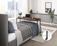 Rustic Brown Wood Finish Multipurpose Over the Bed Desk with Adjustable Height, Metal Legs with Casters, Overbed Table 1pc, Laptop Table for Bed, Breakfast Table