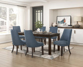 7pc Dining Set Dark Brown Finish Table and Blue Fabric Upholstered 6x Side Chairs Wooden Modern Dining Kitchen Furniture