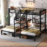 Twin over Twin over Twin Metal Bunk Bed ,triple metal bunk bed with Storage shelves and storage stairs,black