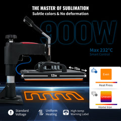Heat Press, 5 in 1 Heat Press Machine Machine 12x15, Clamshell Sublimation Transfer Printer Fast Heat-up, Digital Precise Temperature Control, Vinyl Heat Press for T-Shirt Plate Mug Cup, 900W
