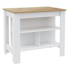 Kitchen Island, kitchen table 35" H, Four Legs, Three Open Storage Shelves, White / Light Oak